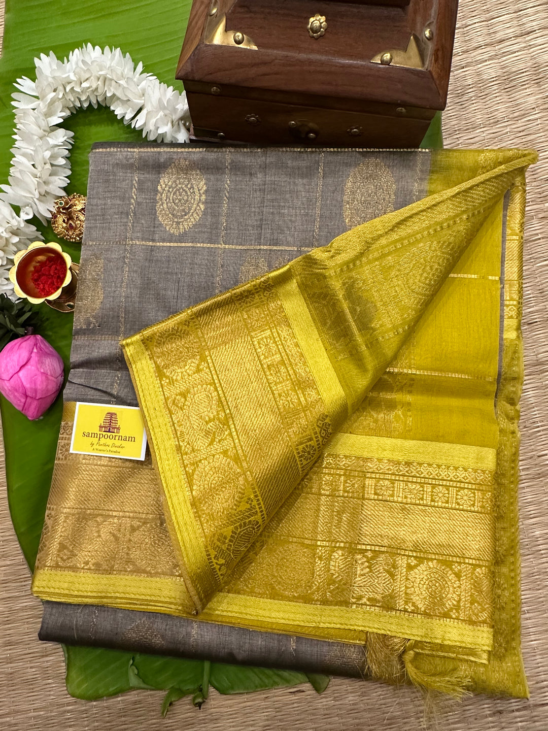 Grey with Lemon Yellow Mayil Chakram Silk Cotton Saree