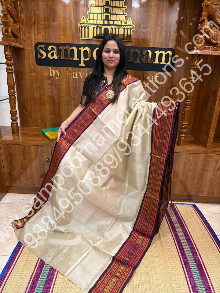 Ivory with Purple , traditional Kanchi border with rich  Pallu Korvai Silk Cotton Saree
