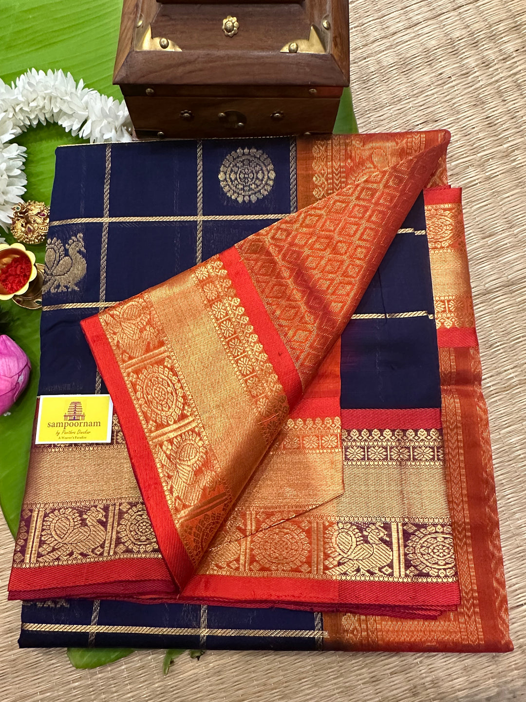 Blue with Fanta Orange Mayil Chakram Silk Cotton Saree