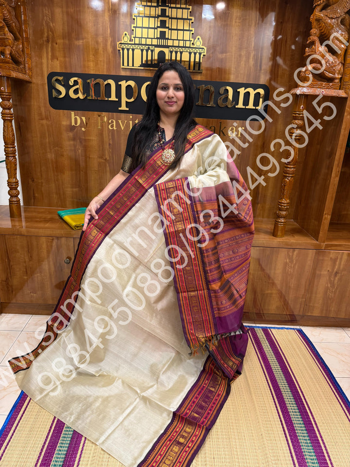 Ivory with Purple , traditional Kanchi border with rich  Pallu Korvai Silk Cotton Saree