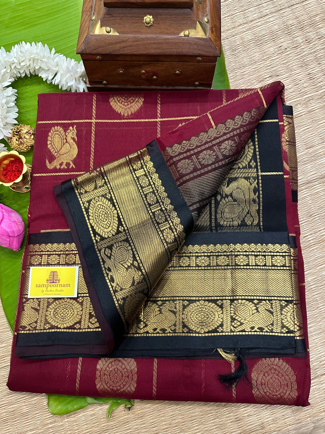 Maroon with Black Mayil Chakram Silk Cotton Saree