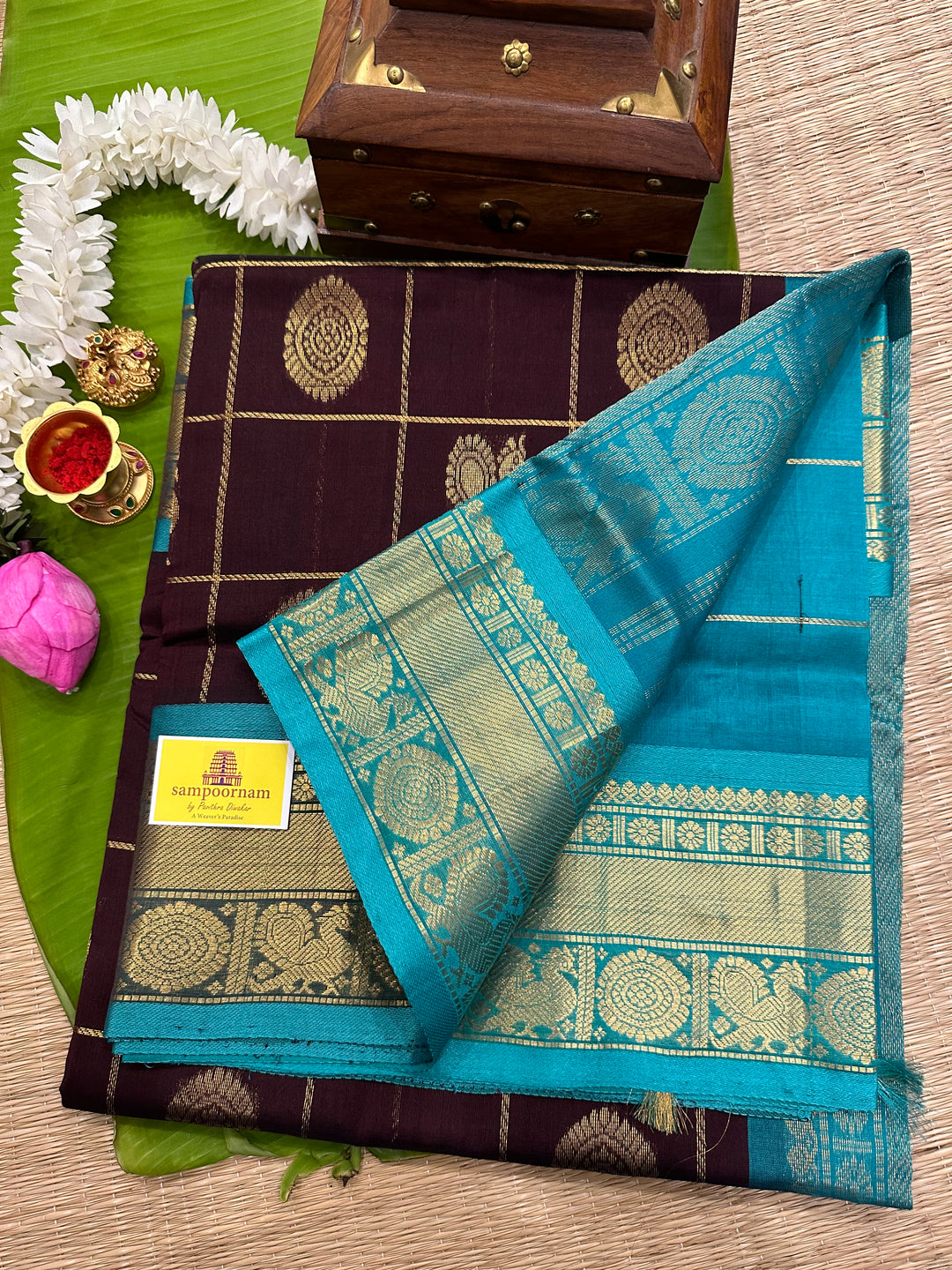 Brown with Blue Mayil Chakram Silk Cotton Saree