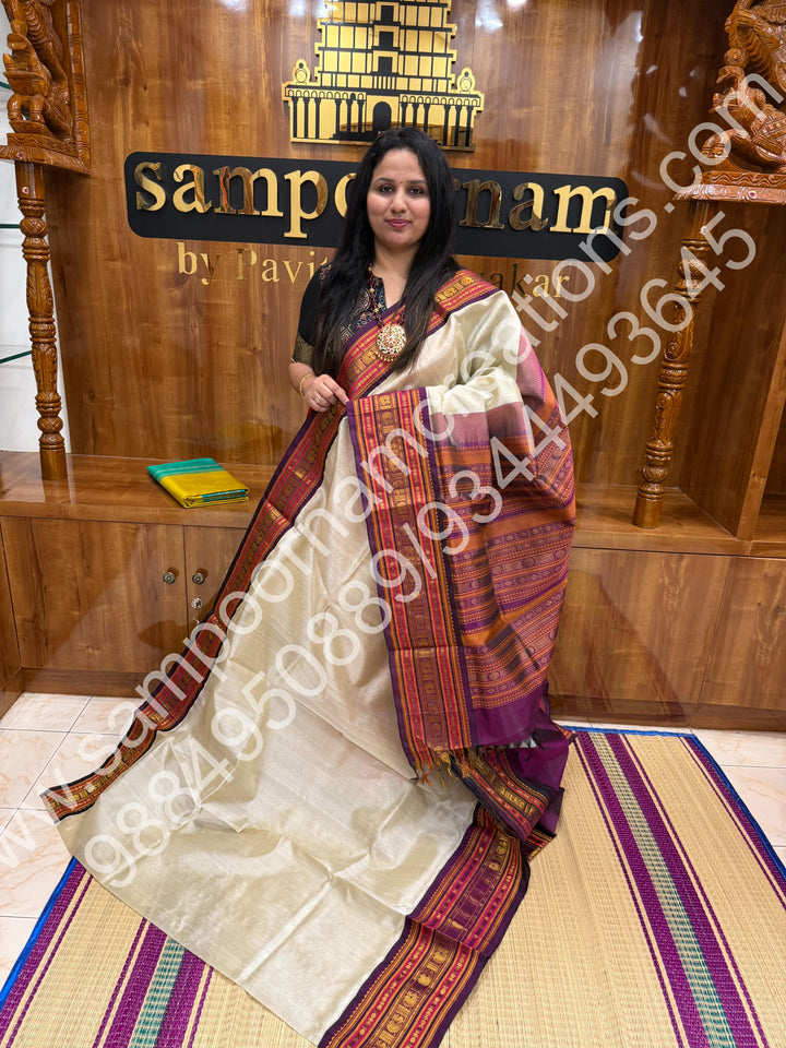 Ivory with Purple , traditional Kanchi border with rich  Pallu Korvai Silk Cotton Saree