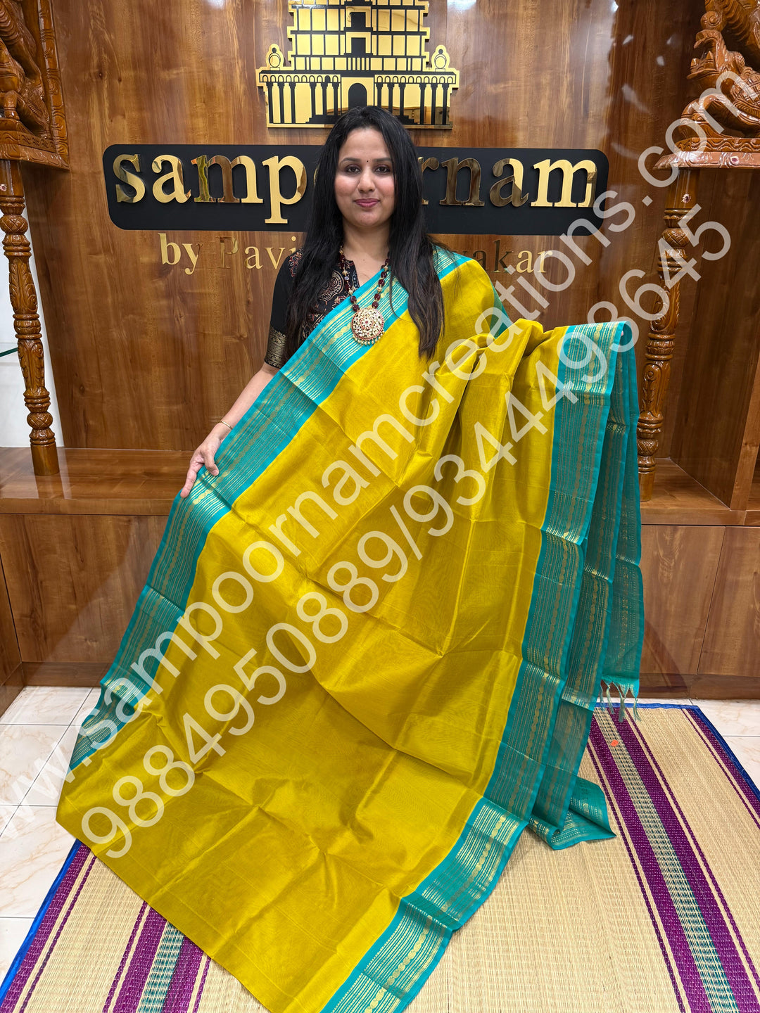 Lemon Green with Turquoise Blue , traditional  border with rich  Pallu Korvai Silk Cotton Saree
