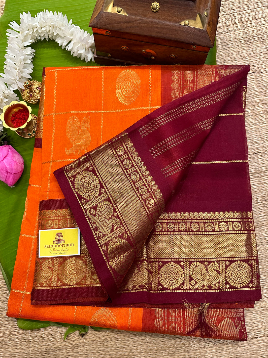 Orange with Araku Mayil Chakram Silk Cotton Saree