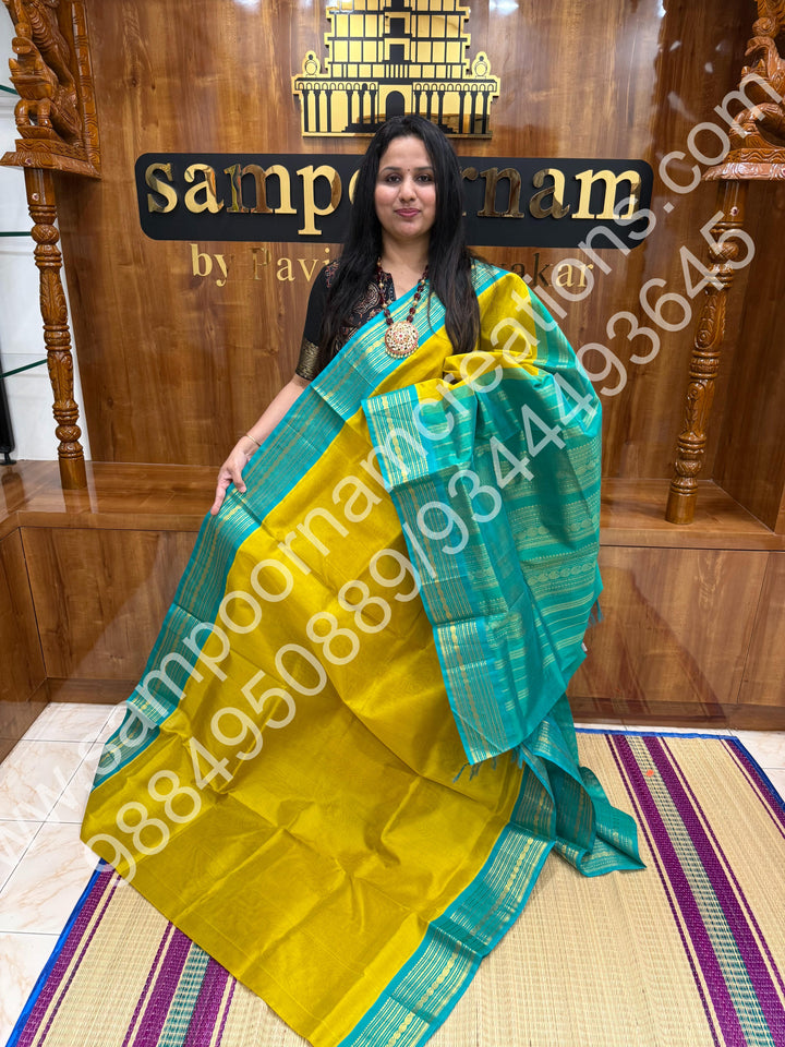 Lemon Green with Turquoise Blue , traditional  border with rich  Pallu Korvai Silk Cotton Saree