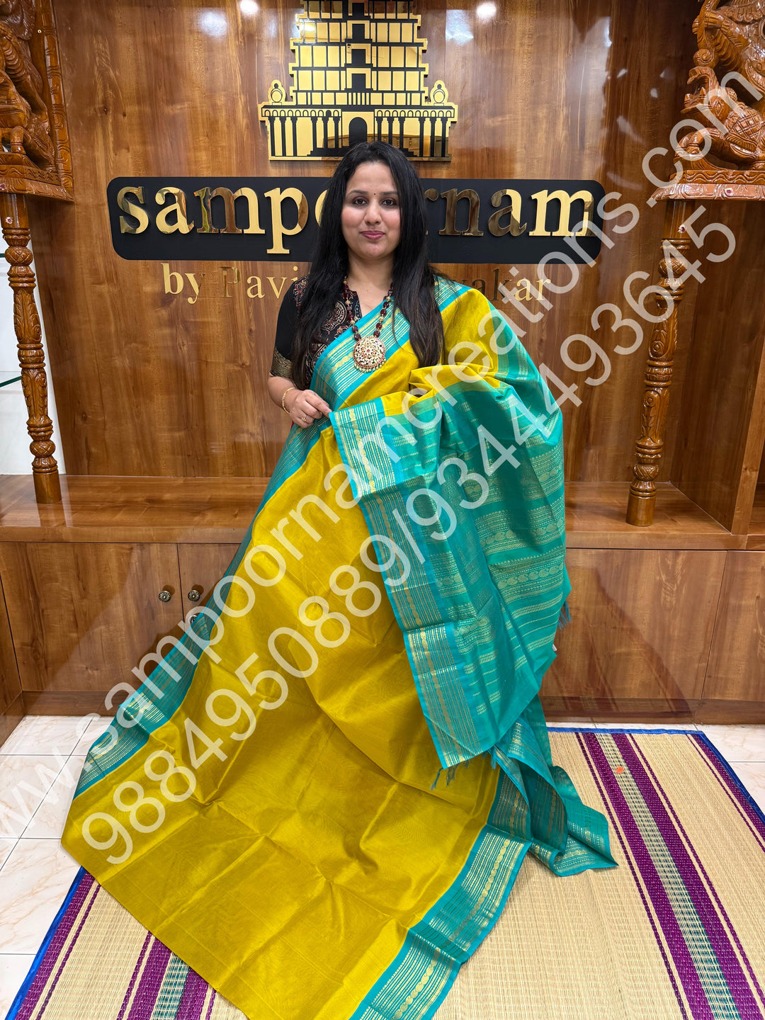 Lemon Green with Turquoise Blue , traditional  border with rich  Pallu Korvai Silk Cotton Saree