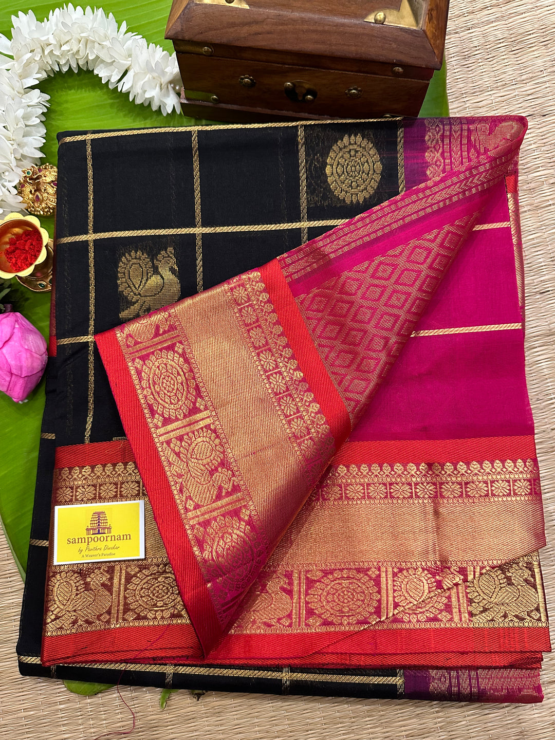 Black with Magenta Mayil Chakram Silk Cotton Saree