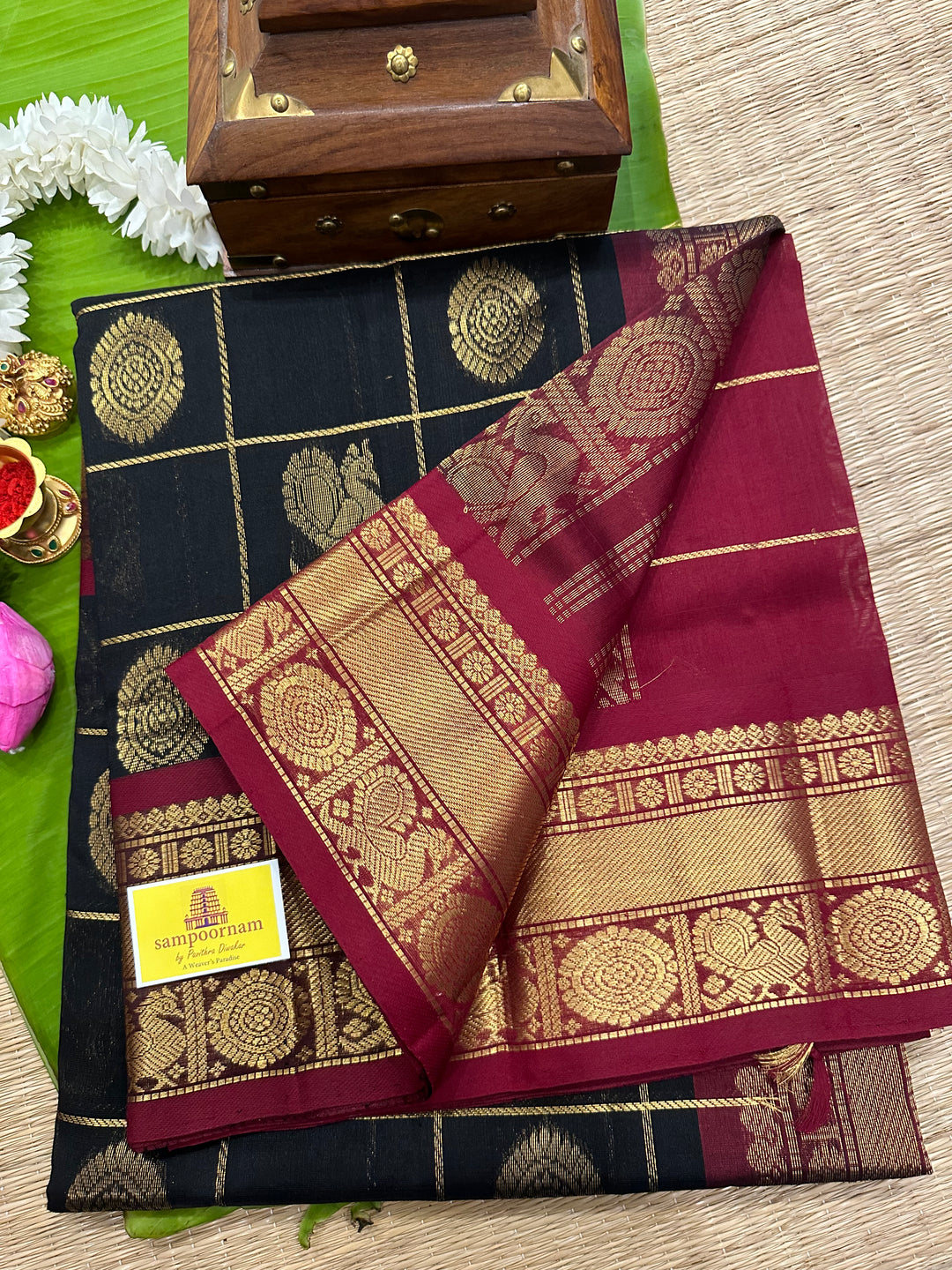 Black with Maroon Mayil Chakram Silk Cotton Saree