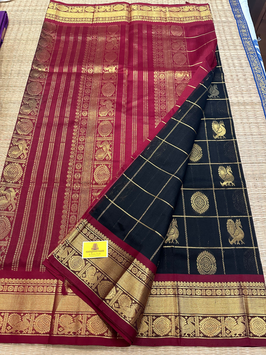 Black with Maroon Mayil Chakram Silk Cotton Saree