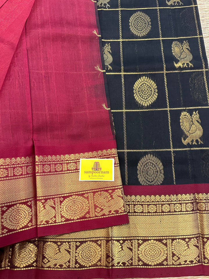 Black with Maroon Mayil Chakram Silk Cotton Saree