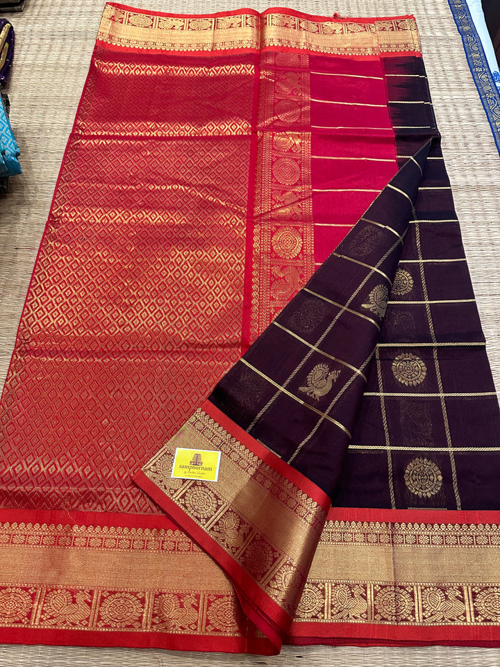 Brown with Red Mayil Chakram Silk Cotton Saree