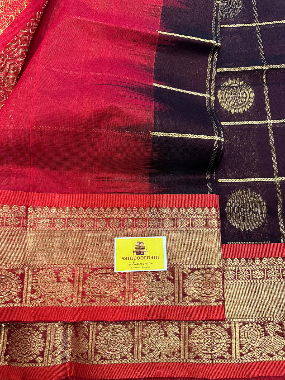 Brown with Red Mayil Chakram Silk Cotton Saree