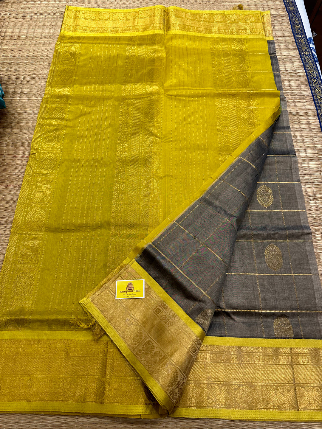 Grey with Lemon Yellow Mayil Chakram Silk Cotton Saree