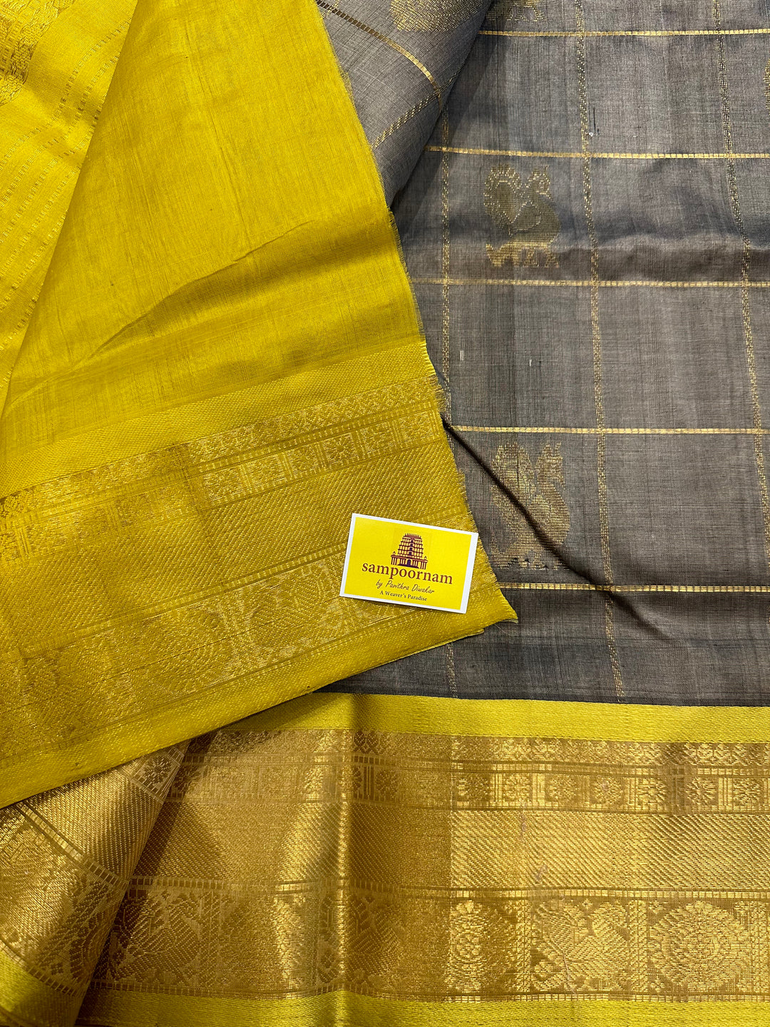 Grey with Lemon Yellow Mayil Chakram Silk Cotton Saree