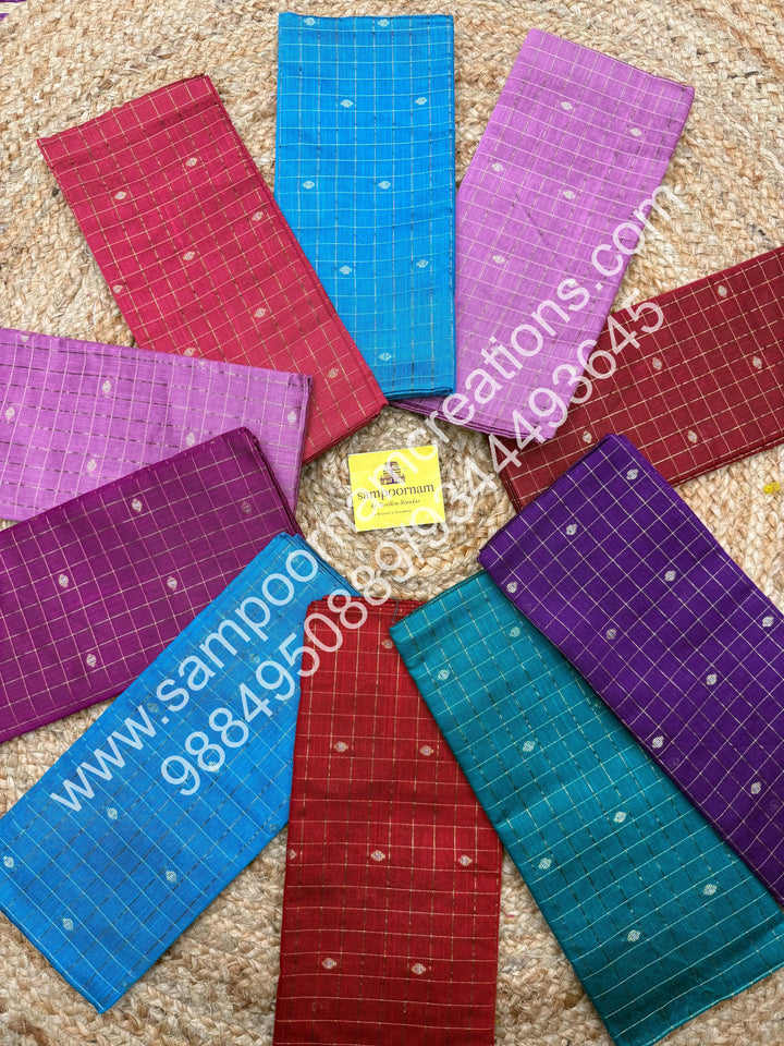 Semi Raw Silk with Rich Checks and Butta Blouse Pieces - Pack Of Ten - Assorted Colours