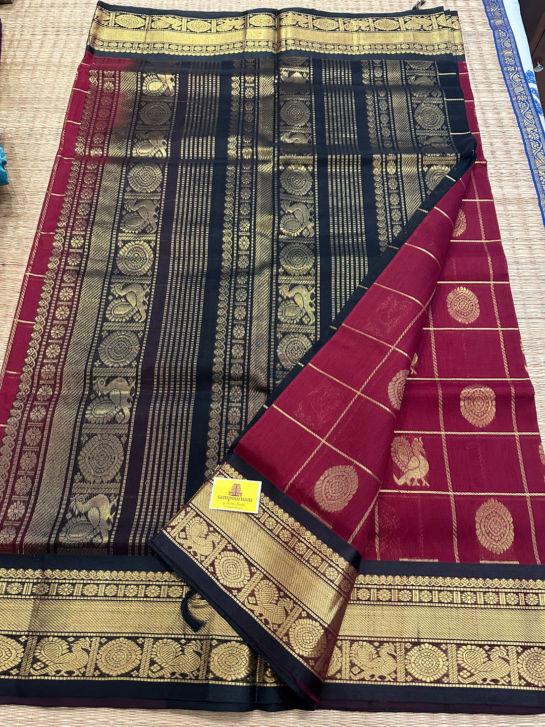 Maroon with Black Mayil Chakram Silk Cotton Saree