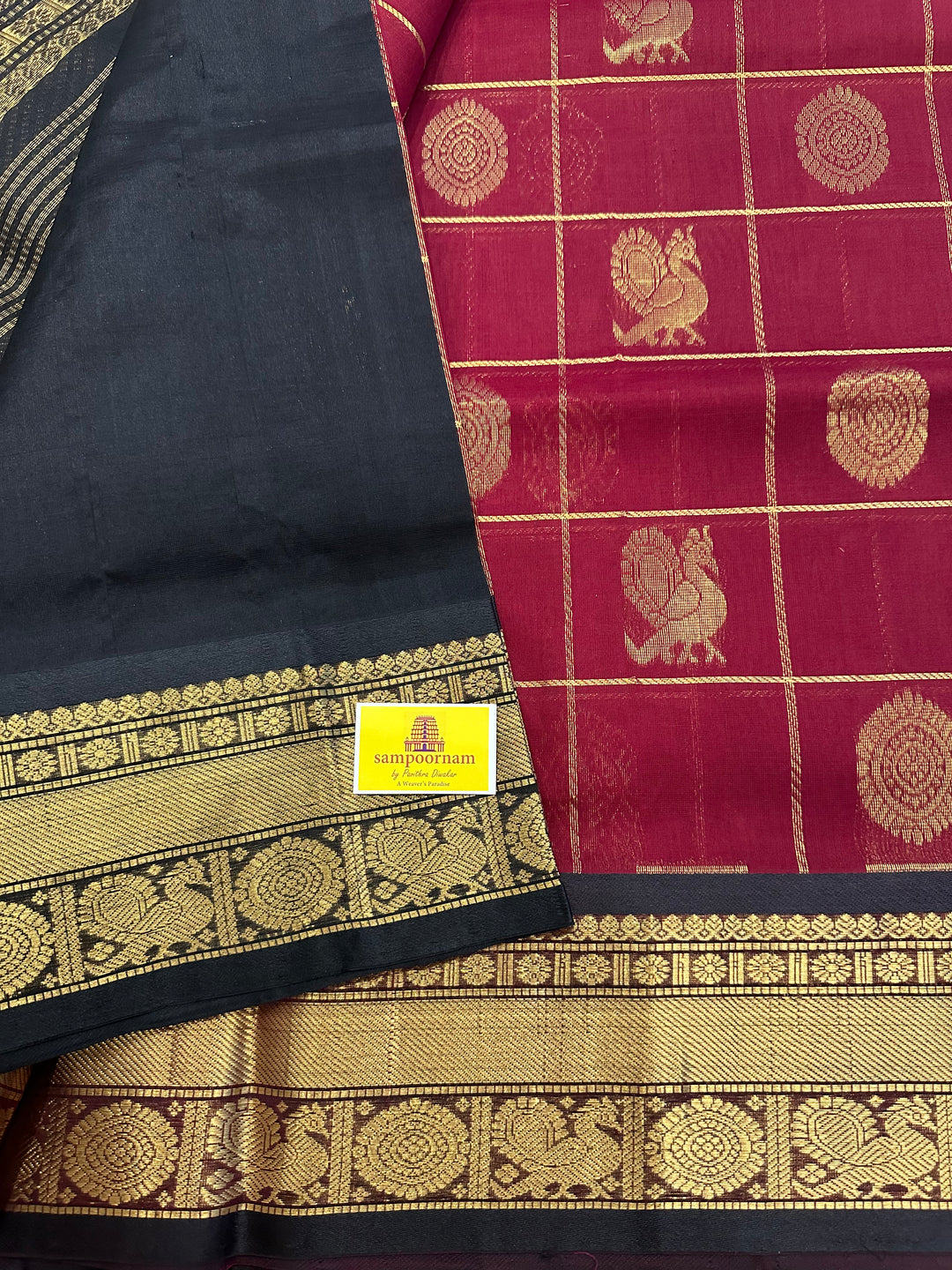 Maroon with Black Mayil Chakram Silk Cotton Saree