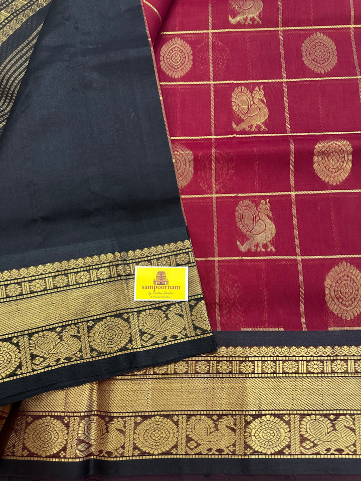 Maroon with Black Mayil Chakram Silk Cotton Saree