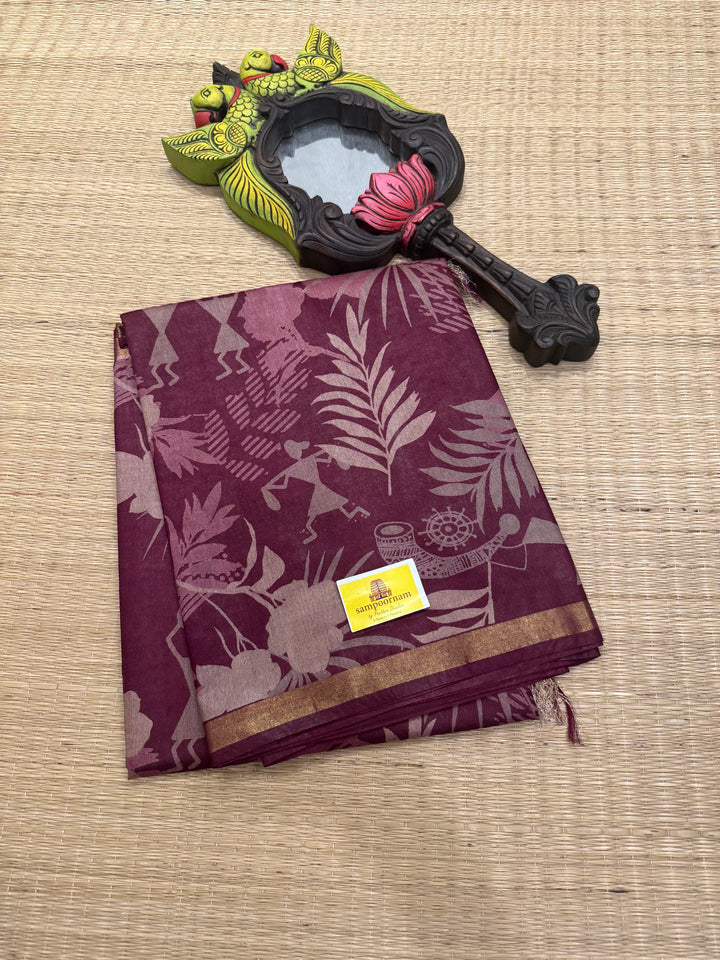 Purple Warli Printed ,Semi Tussar Silk Saree
