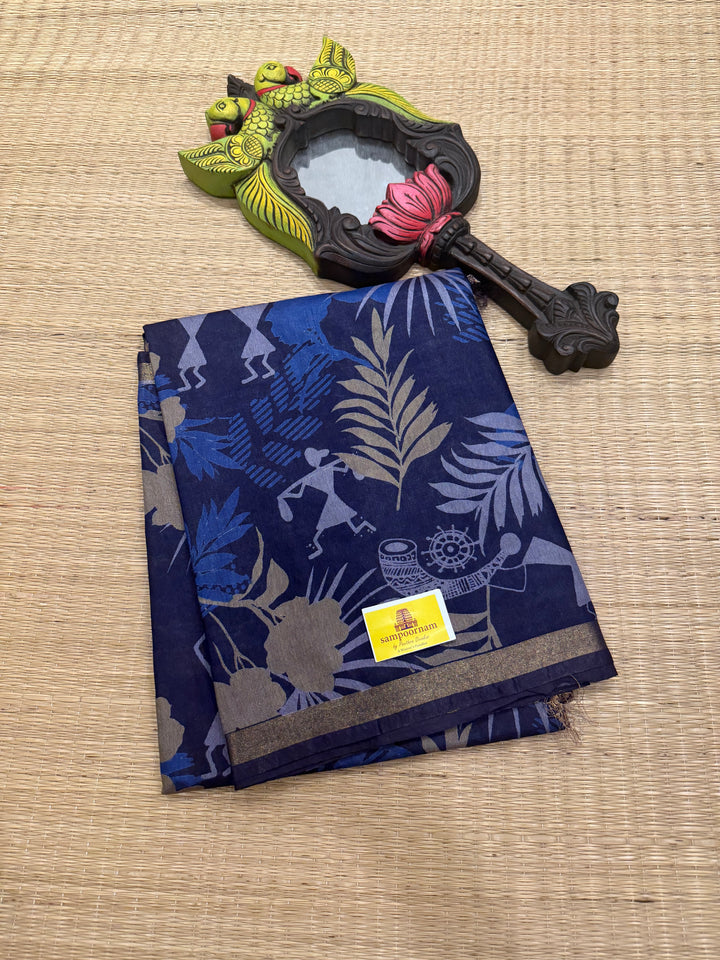 Blue Warli Printed ,Semi Tussar Saree