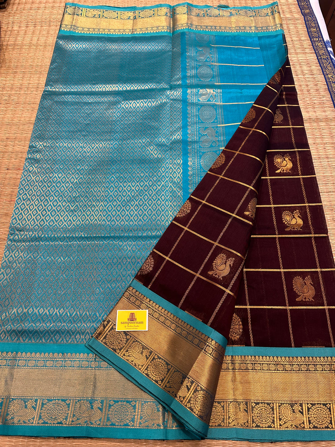 Brown with Blue Mayil Chakram Silk Cotton Saree