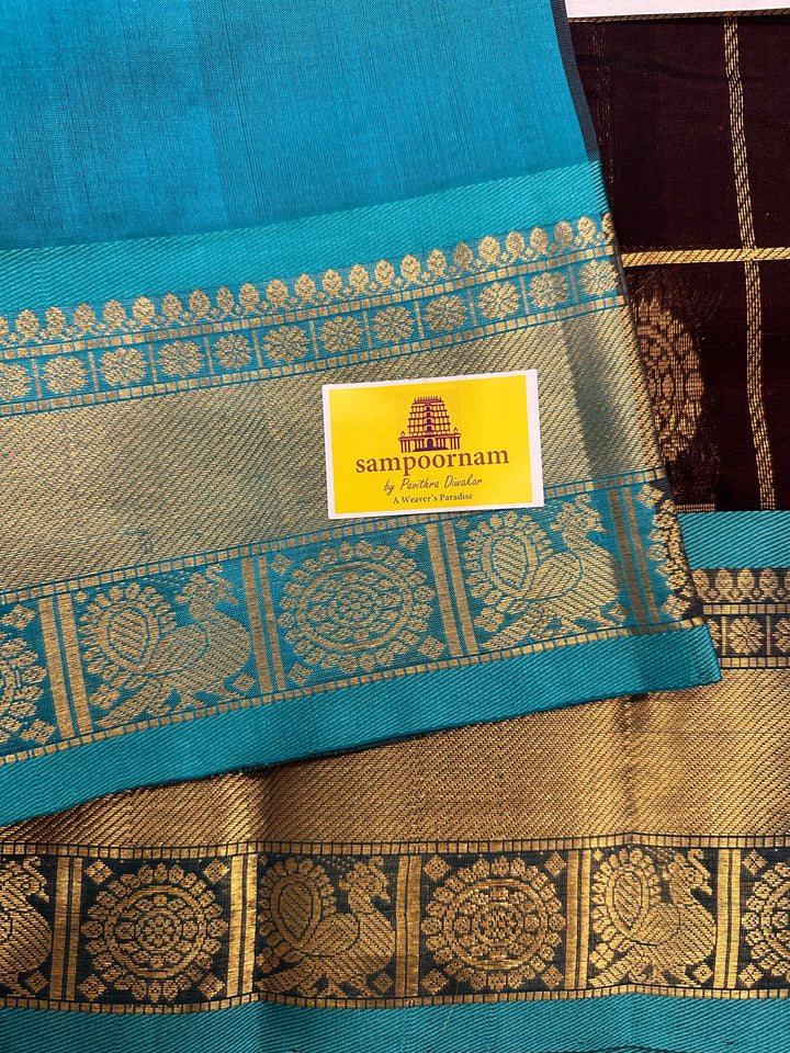 Brown with Blue Mayil Chakram Silk Cotton Saree