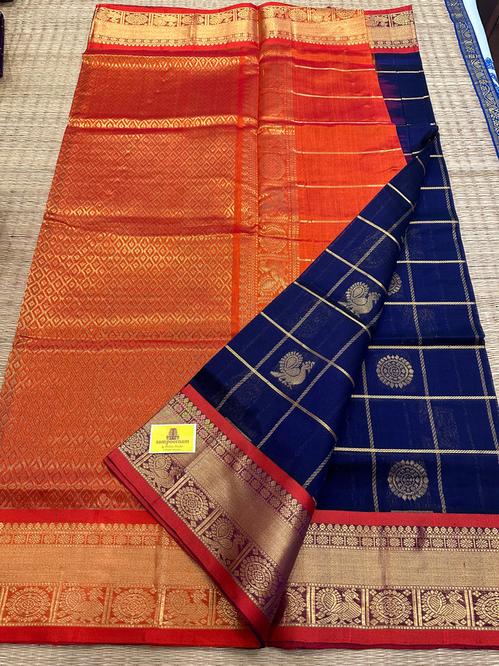 Blue with Fanta Orange Mayil Chakram Silk Cotton Saree