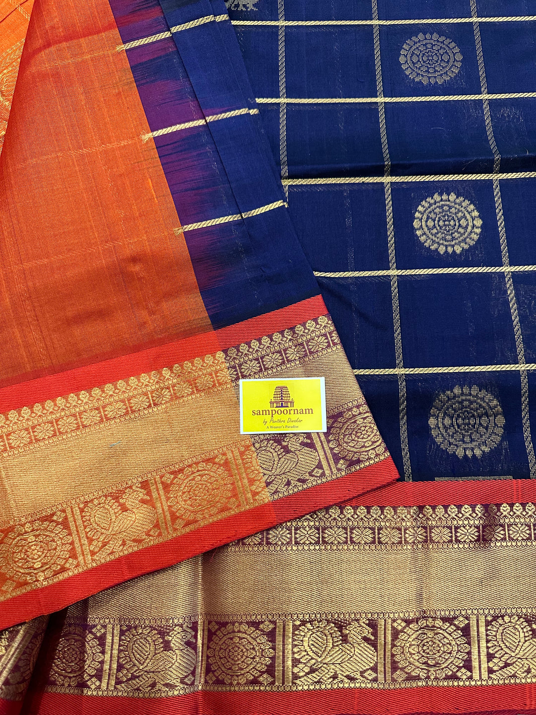 Blue with Fanta Orange Mayil Chakram Silk Cotton Saree