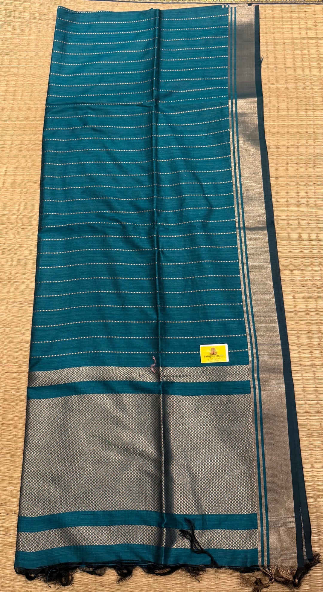 Greenish Blue with Vertical Lines Semi Raw Silk