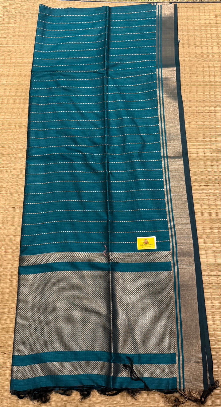 Greenish Blue with Vertical Lines Semi Raw Silk