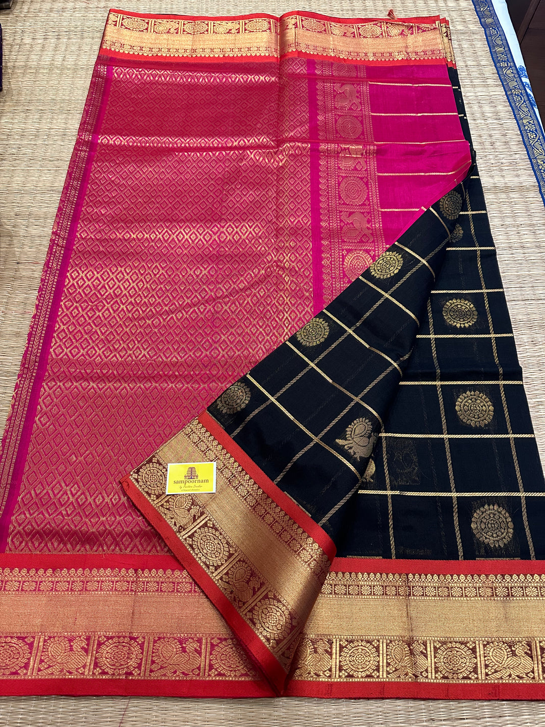 Black with Magenta Mayil Chakram Silk Cotton Saree