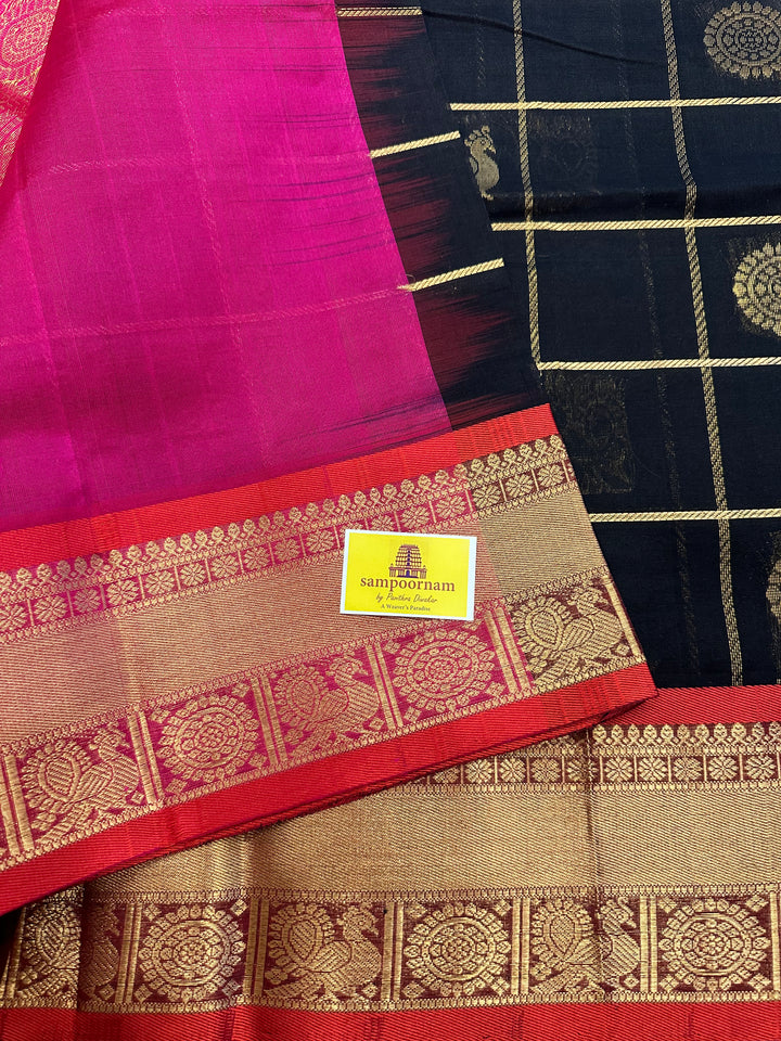 Black with Magenta Mayil Chakram Silk Cotton Saree