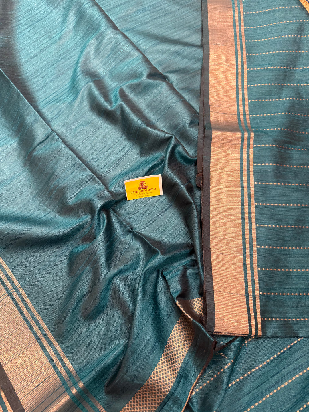 Greenish Blue with Vertical Lines Semi Raw Silk