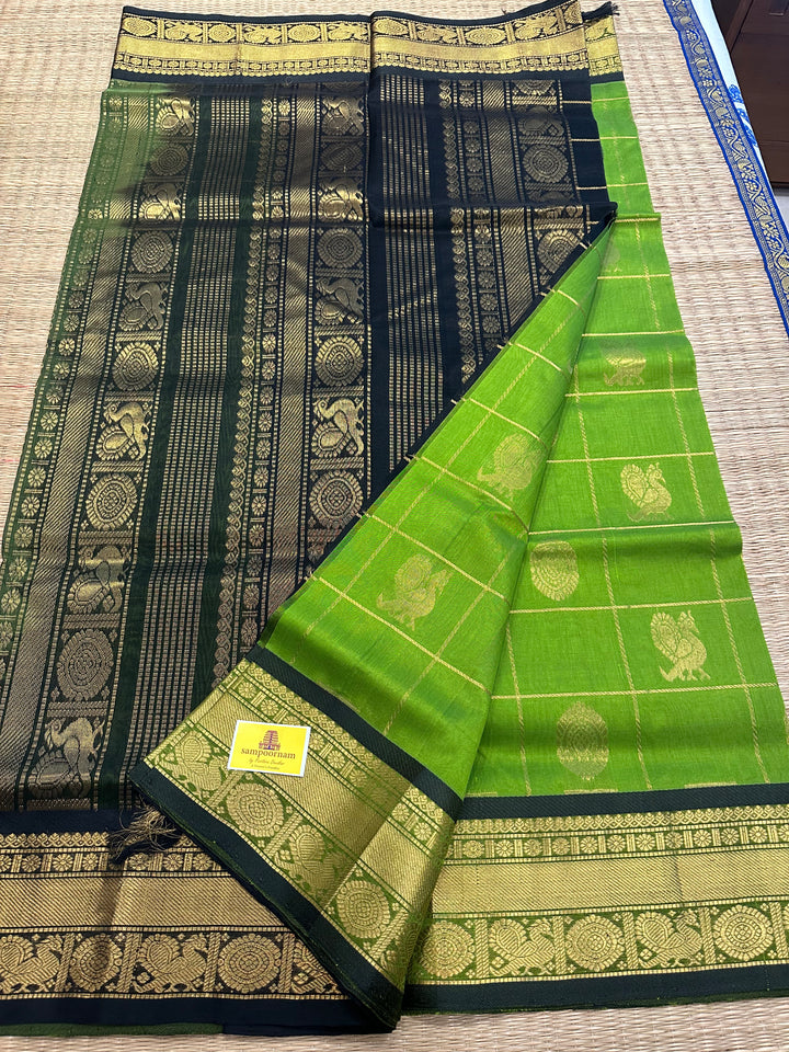 Leaf Green with Black Mayil Chakram Silk Cotton Saree