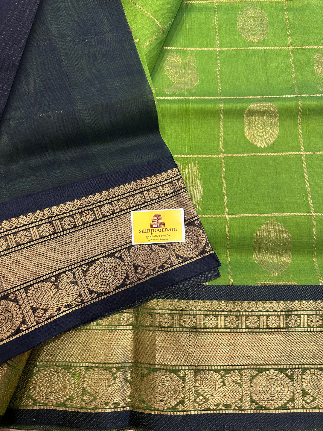 Leaf Green with Black Mayil Chakram Silk Cotton Saree