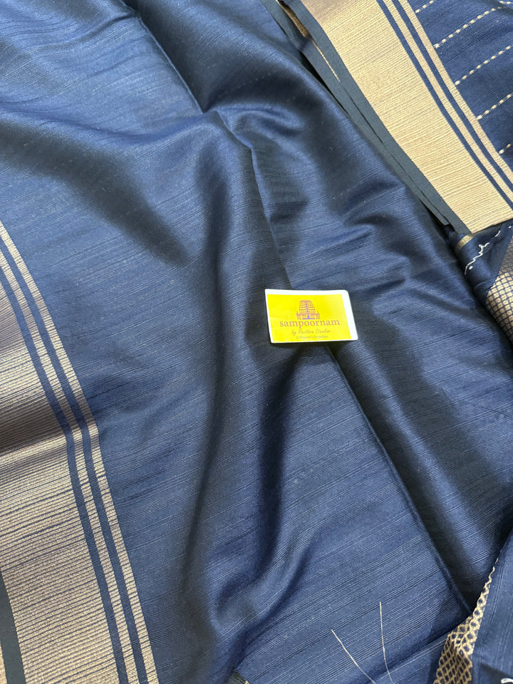 Dark Blue with Vertical Lines Semi Raw Silk