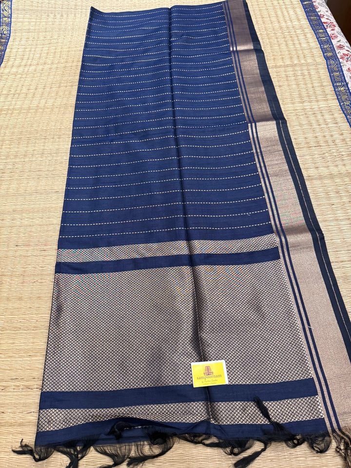 Dark Blue with Vertical Lines Semi Raw Silk