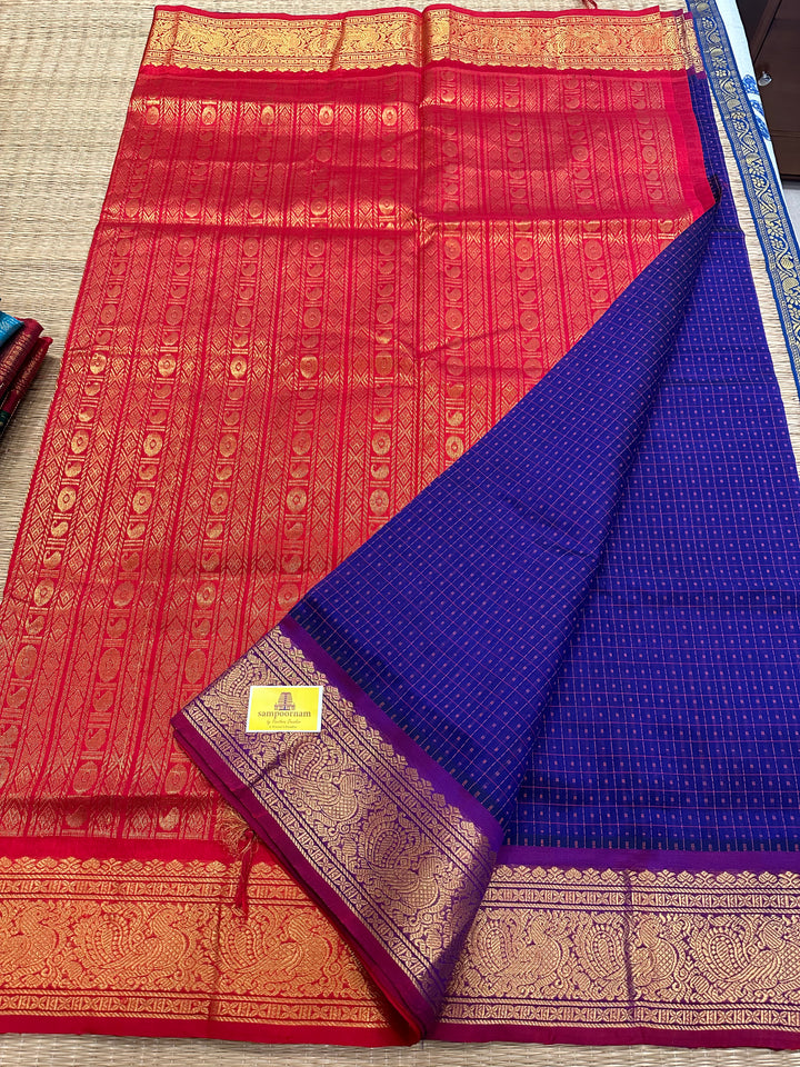 Blue with Red Lakshadeepam Silk Cotton Saree