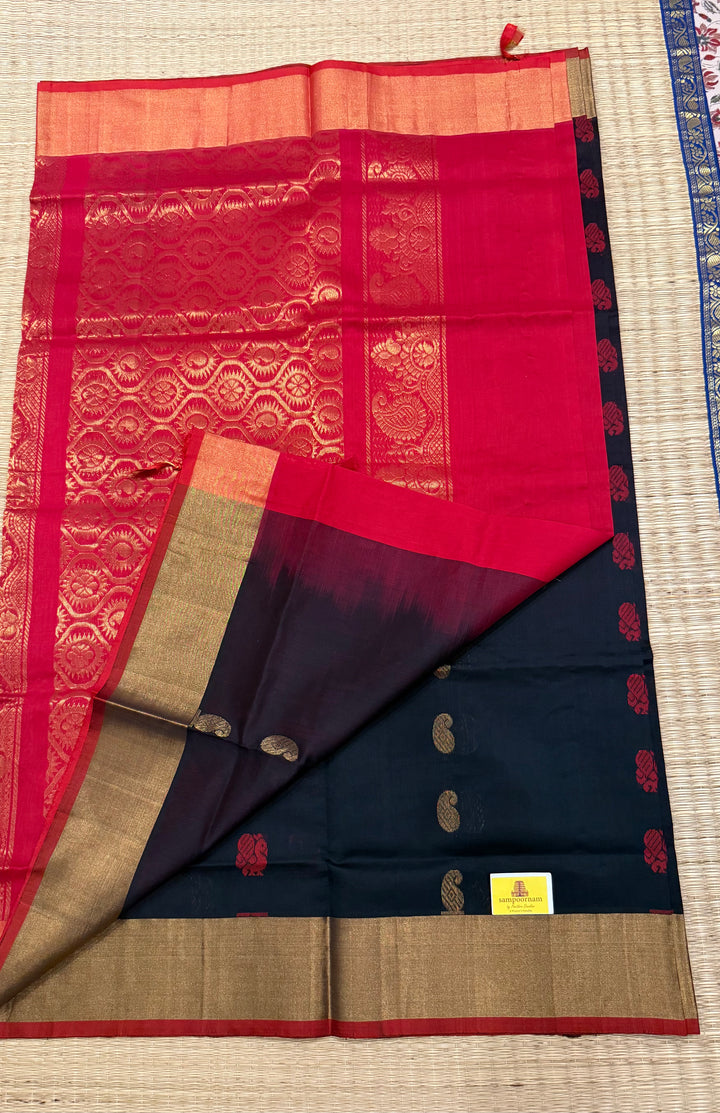 Black with red,mango and annam rich butta in the body,traditional borders and rich pallu semi silk cotton saree