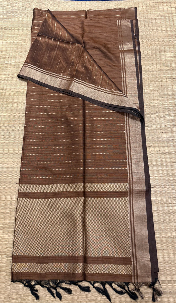 Light Brown with Vertical Lines Semi Raw Silk