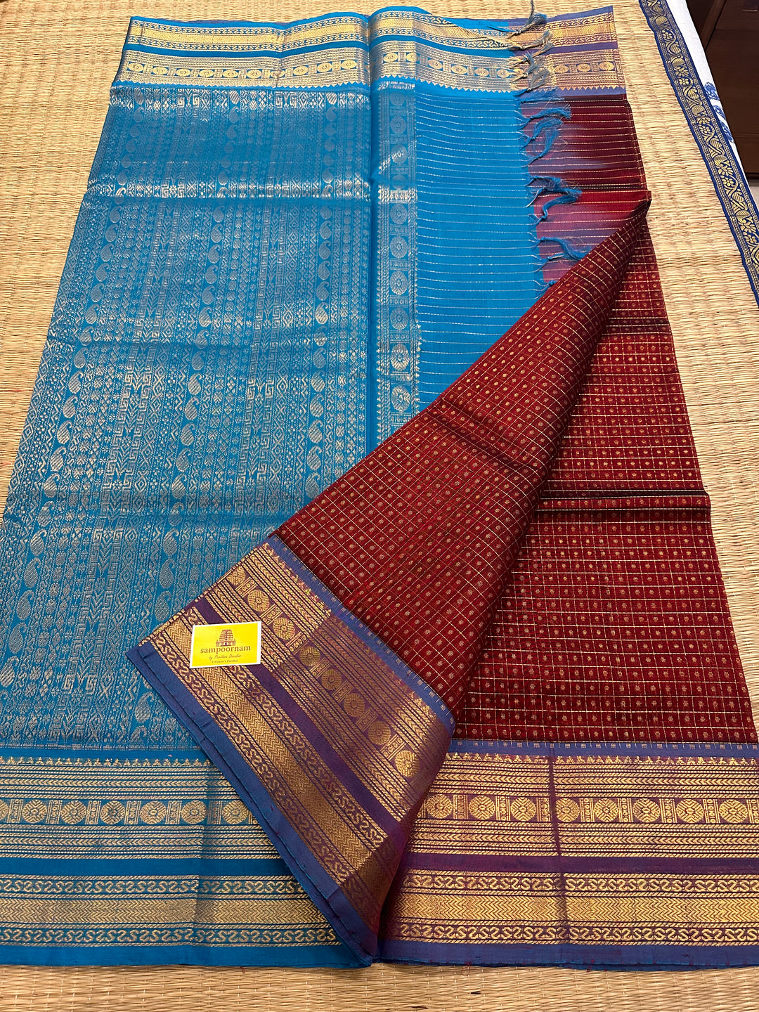 Dark Maroon with Blue Zari Lakshadeepam Silk Cotton Saree