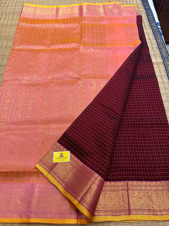 Maroon with Pastel Pink Lakshadeepam Silk Cotton Saree