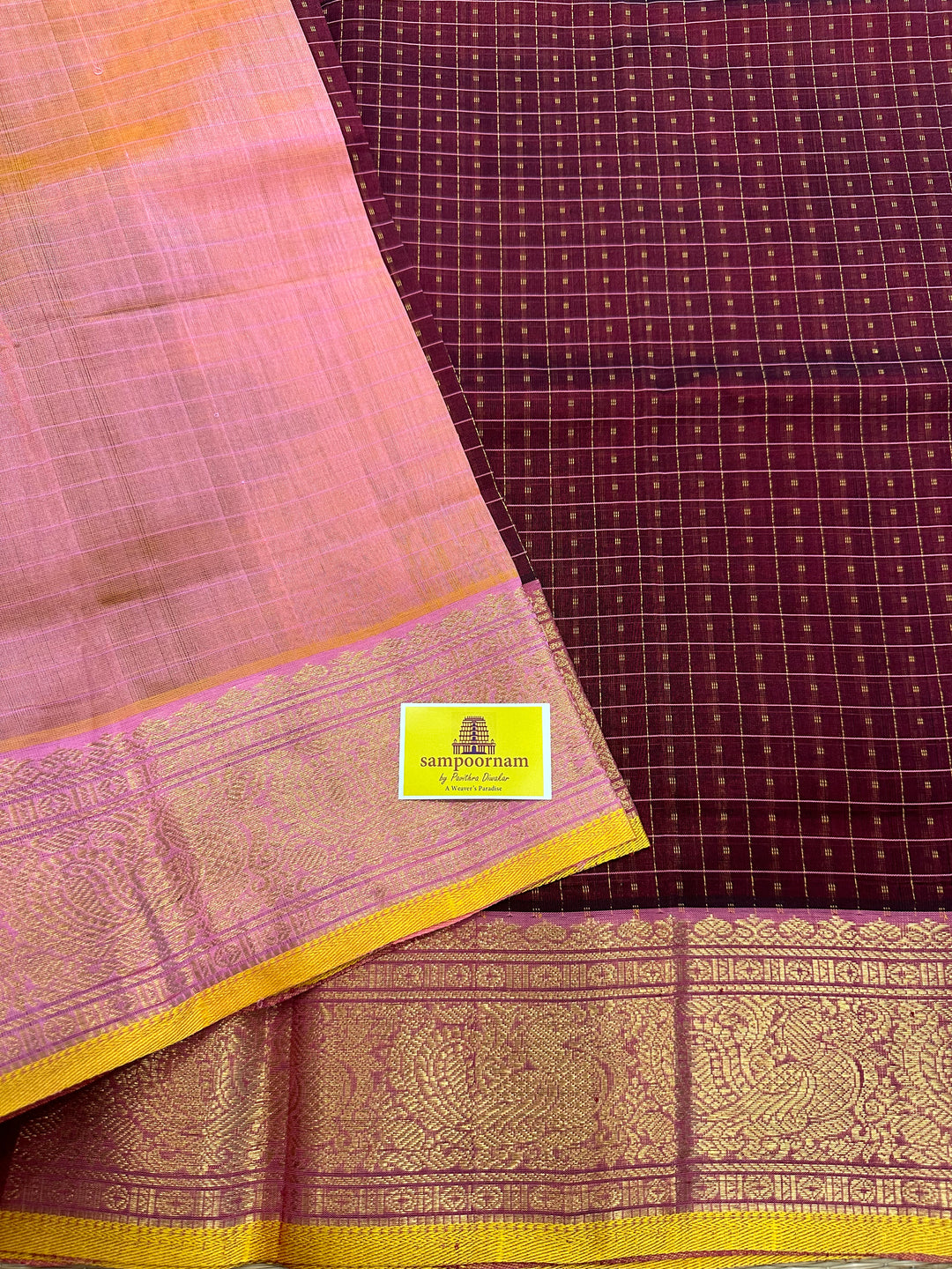 Maroon with Pastel Pink Lakshadeepam Silk Cotton Saree