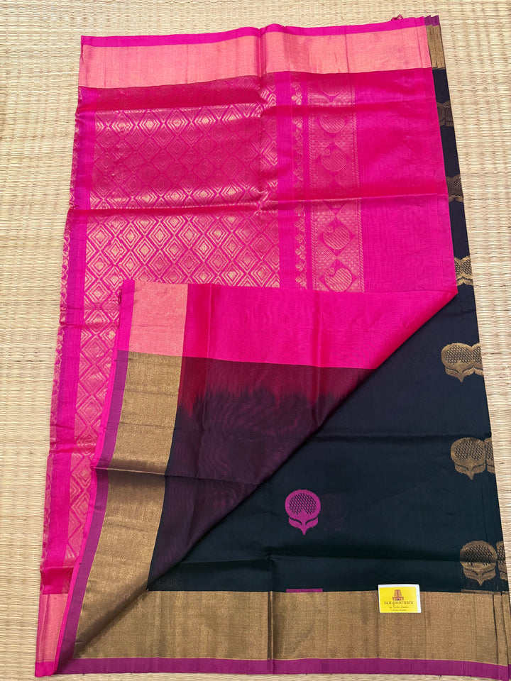 Black with Pink ,paithani inspried rich floral butta in the body,traditional borders and rich pallu semi silk cotton saree