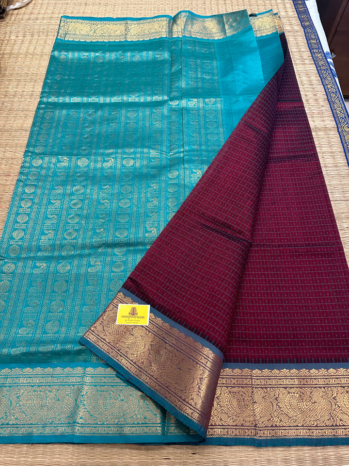 Maroon with Blue Lakshadeepam Silk Cotton Saree