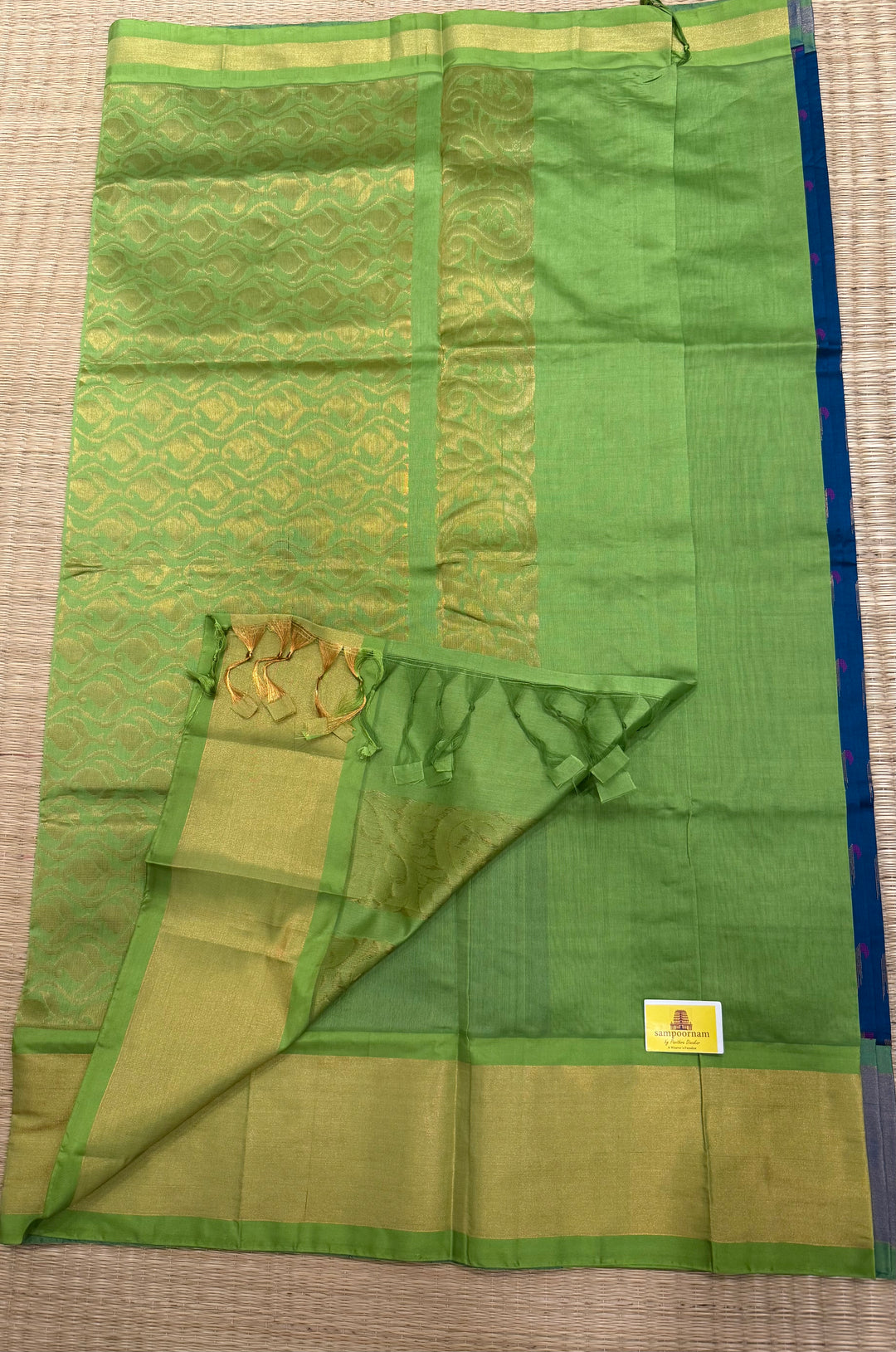 Blue with green ,paithani inspried rich butta in the body,traditional borders and rich pallu semi silk cotton saree