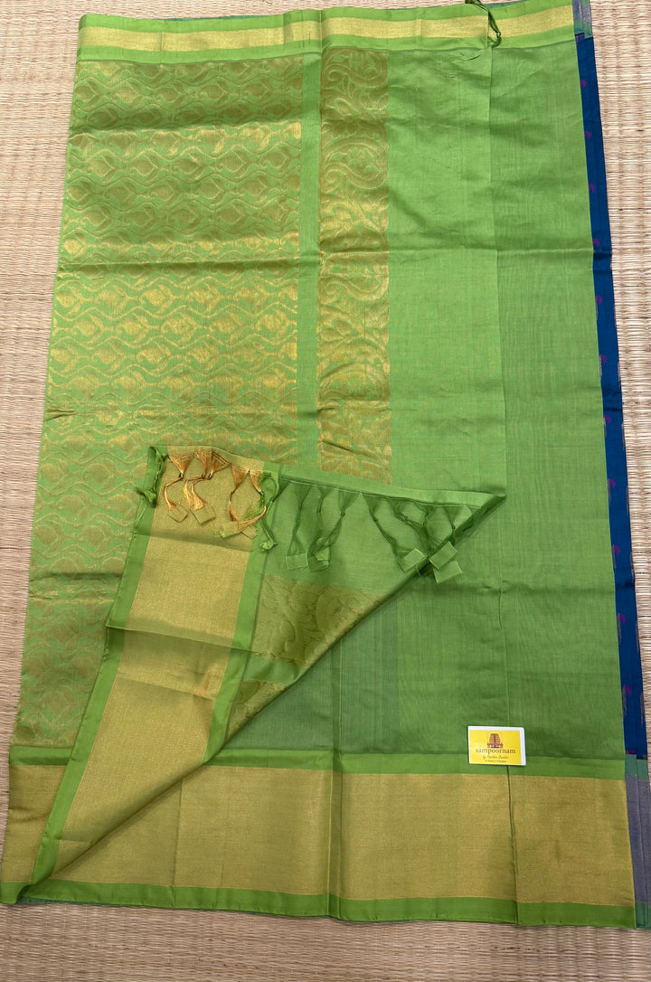 Blue with green ,paithani inspried rich butta in the body,traditional borders and rich pallu semi silk cotton saree