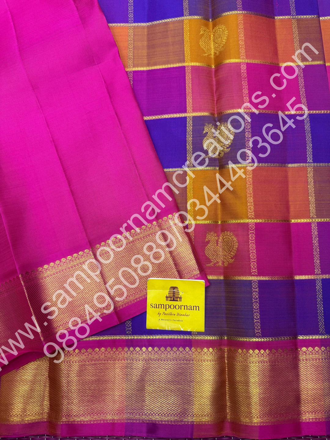Pink , Purple , Mustard , Orange with Pink , Rich Mayil and Chakram  butta in the body with Zari checks , Traditional borders and Rich Pallu , Pure Kanjivaram Silk Saree