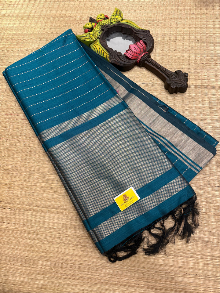 Greenish Blue with Vertical Lines Semi Raw Silk